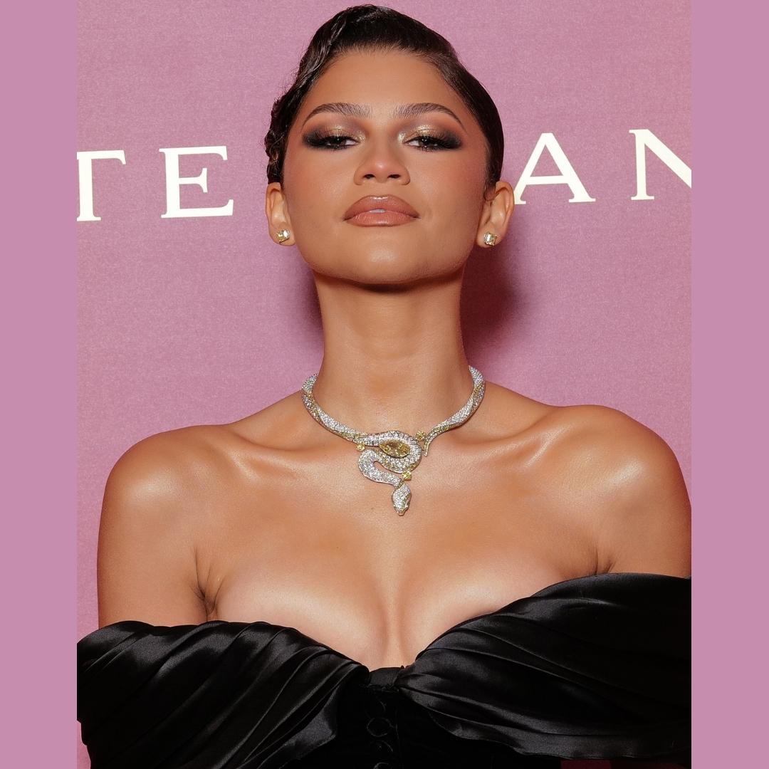 Actress Zendaya wearing a black gown and Bulgari Mediterranea necklace during the presentation of the collection in Venice