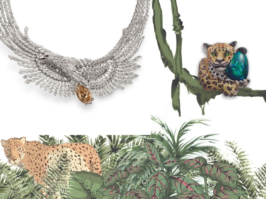 collage of illustration of jungle and a diamond necklace and a diamond leopard ring