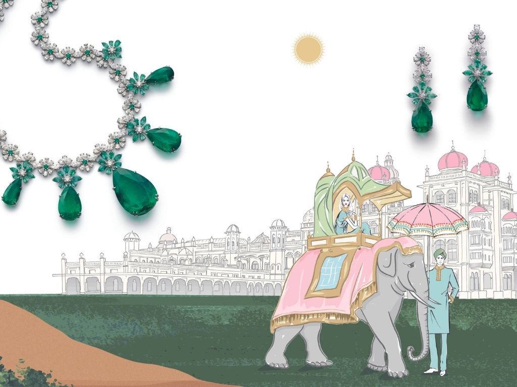 collage of illustration of a Indian princess on an elephant and a diamond and emerald necklace and earrings