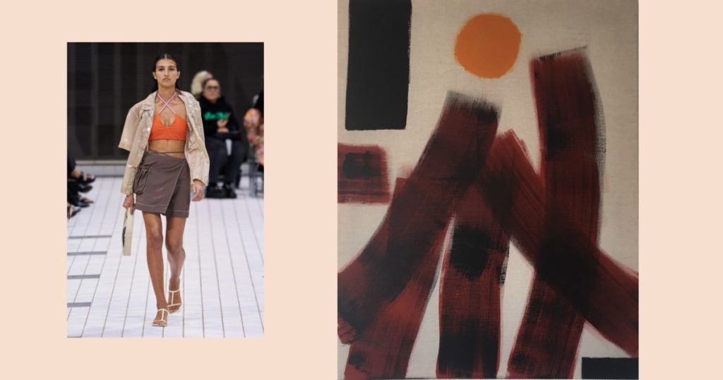 collage with a model wearing a Rejina Pyo outfit besides a painting with the same colours