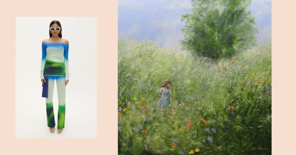 collage of a model wearing Off-white outfit besides a bucolic painting with the same colours.