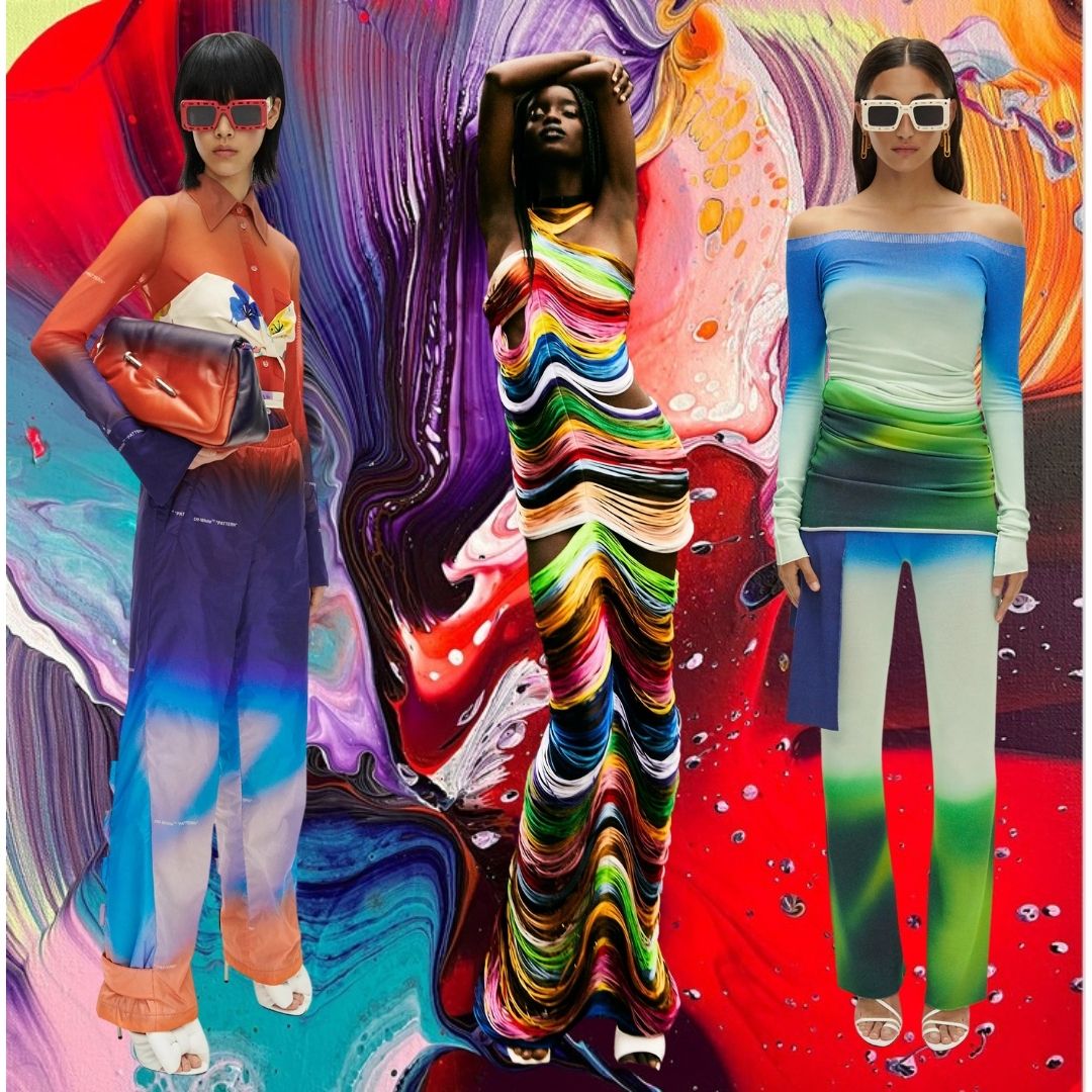 Collage of colourful outfits in front of a painting