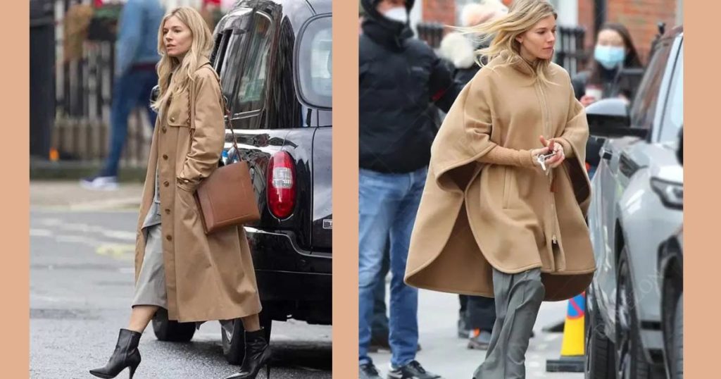 sienna miller in Anatomy of a Scandal wearing a trench coat and a camel cape