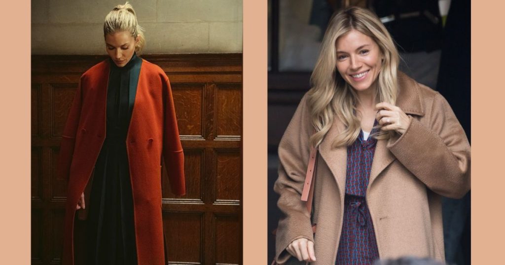 sienna miller in Anatomy of a Scandal wearing a camel coat with print dress and a ochre coat.