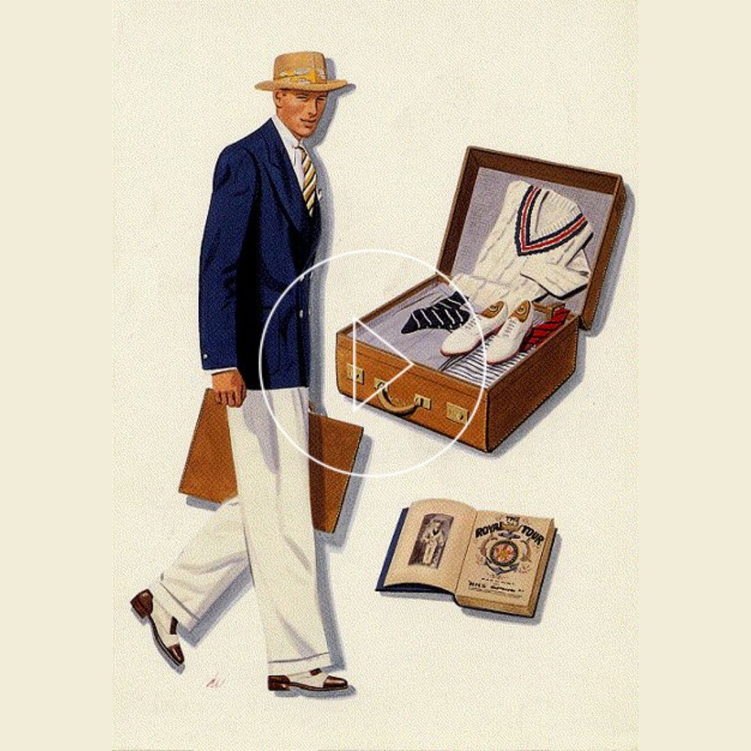 vintage illustration of man wearing a blazer, white trousers, and a straw hat