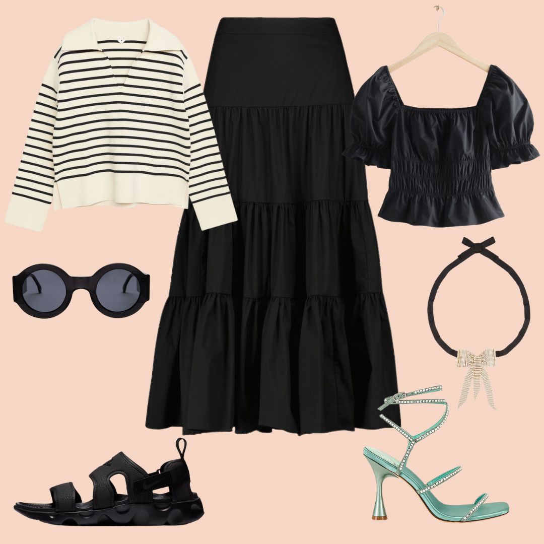 black skirt, striped pullover, black top, nike sandals, green high heels- collage with versatile pieces to pack light for a gap year travel.