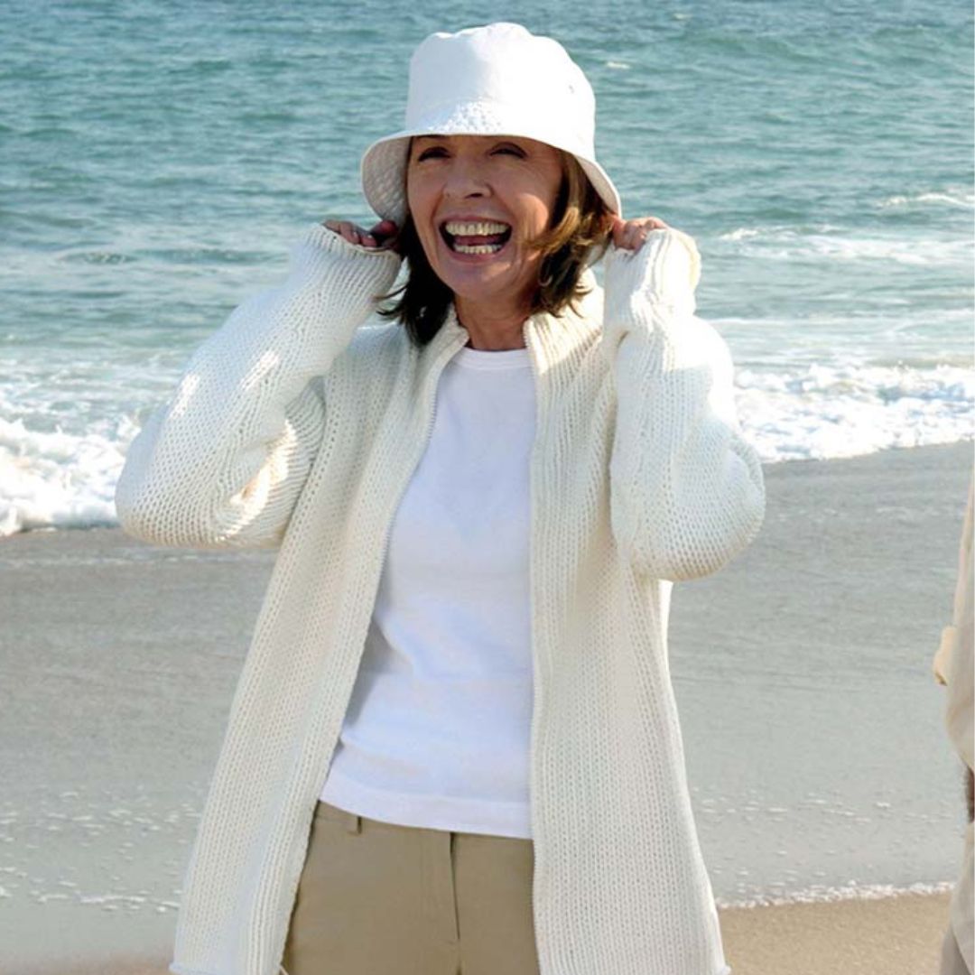 Diane Keaton wearing the TikTok Coastal Grandmother trend