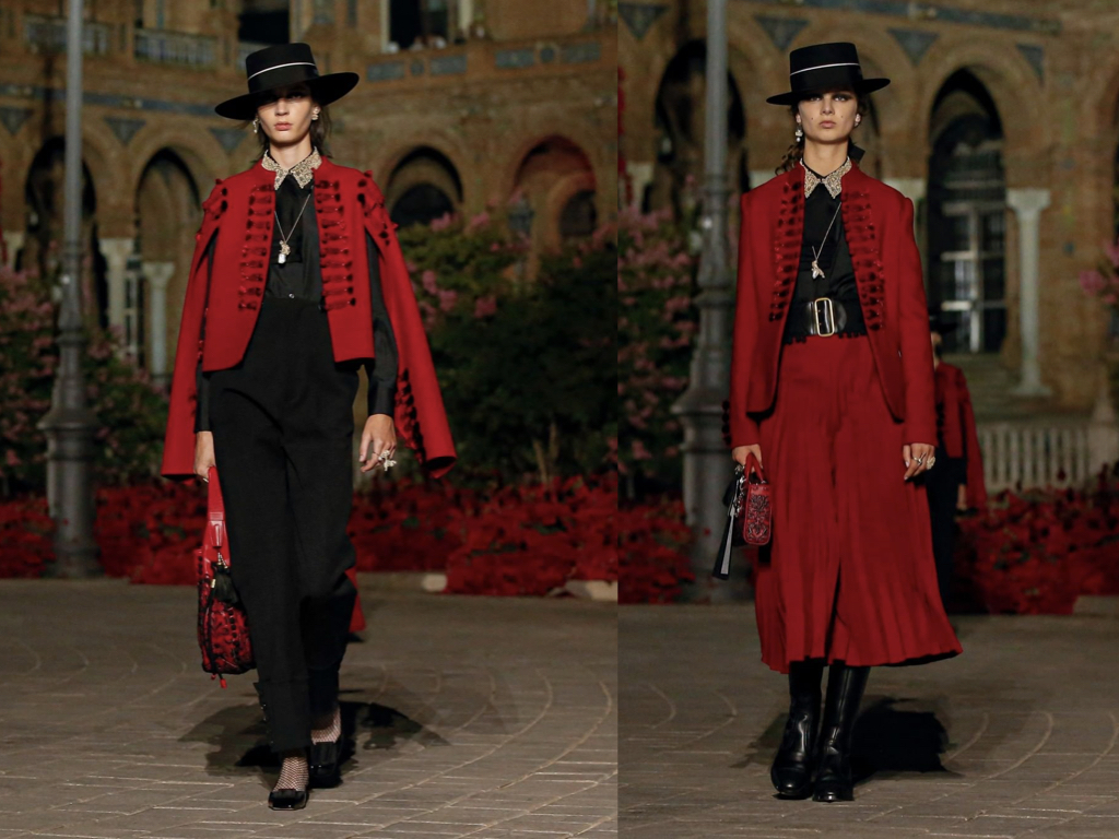 Flamenco-inspired red and black pants and jacket and skirt and jacket ensembles.