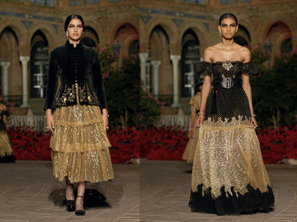 Gold and black jacket with riffled skirt and off-the-shoulder dress from Dior Cruise 2023 collection.