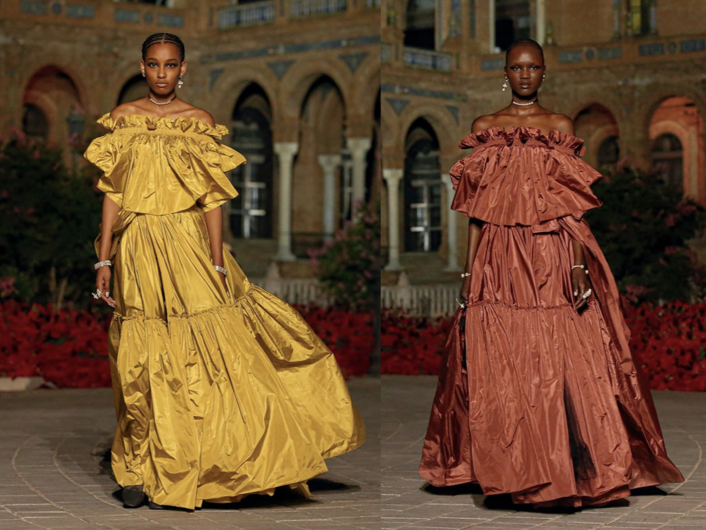 Dior yellow and ochre off-the-shoulder voluminous dresses.
