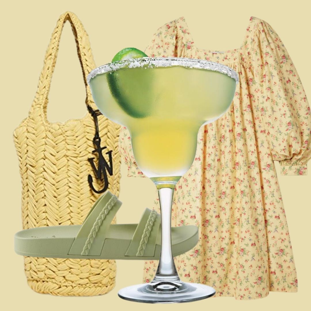 collage with yellow floral dress, yellow swimsuit, a straw bag and pastel green slippers inspired by the colours of a marguerita cocktail