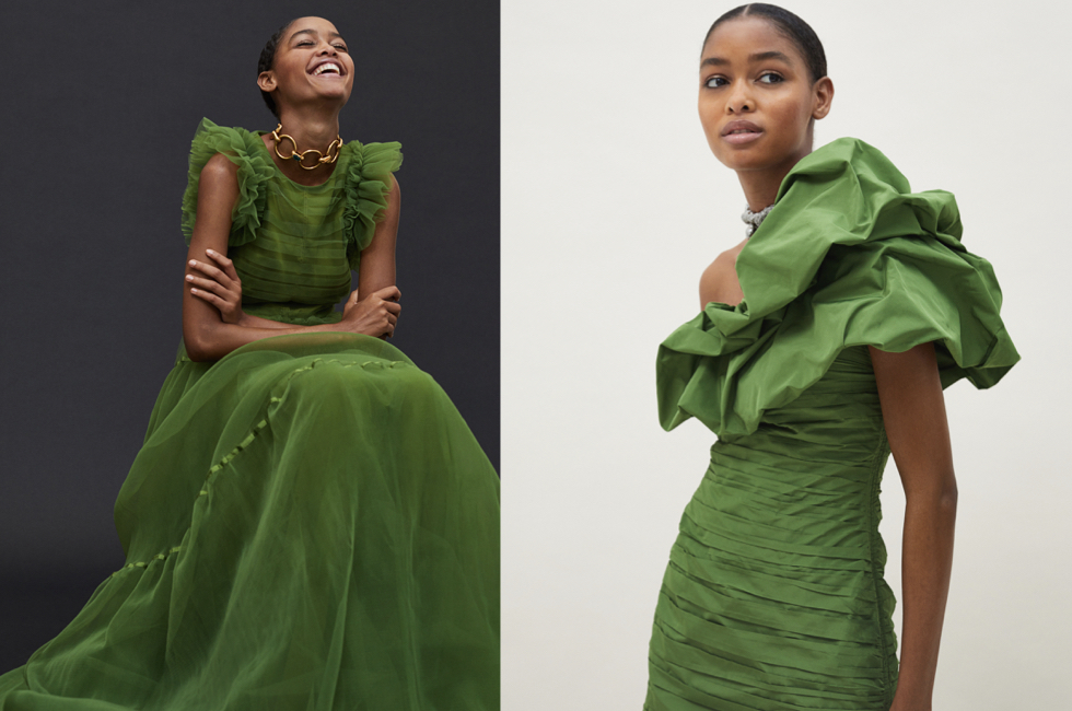 Collage of two green gowns ideal for wearing on new years eve
