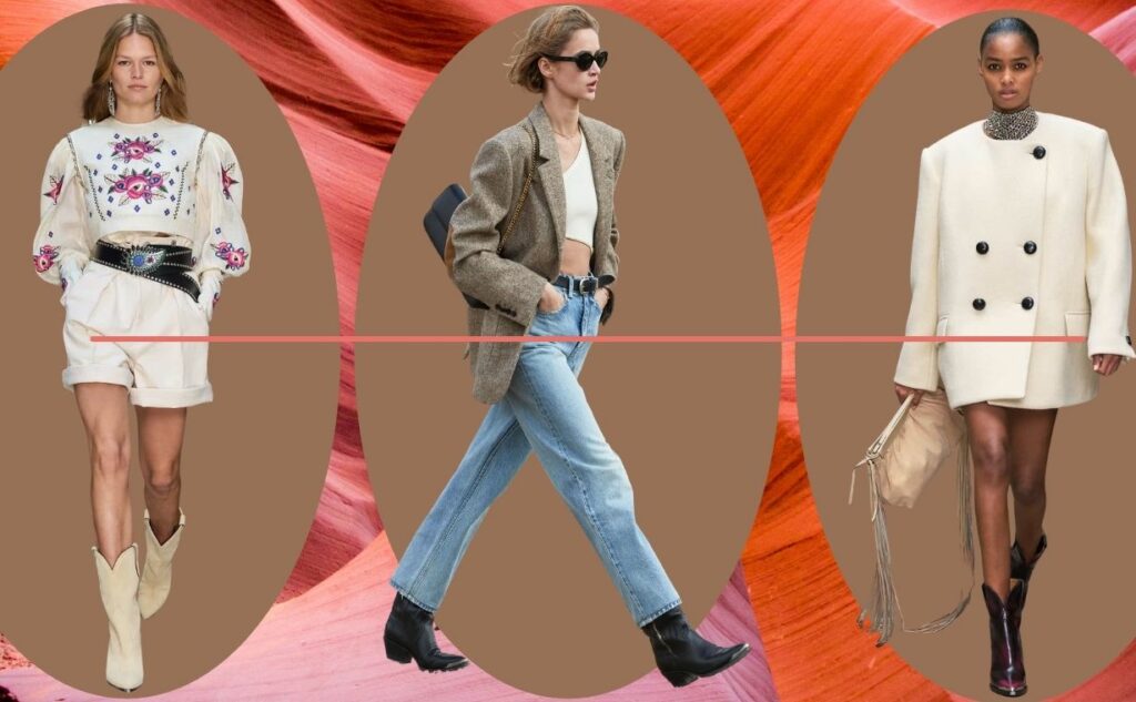 collage with models wearing cowboy boots, one of the runway shoe trends 21