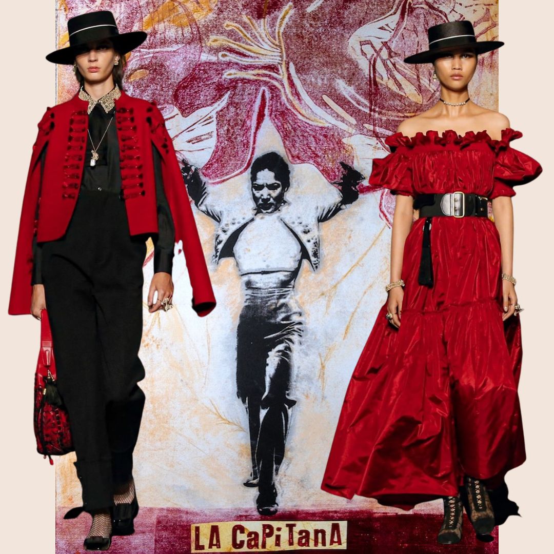 Collage with Spanish flamenco dancer and two models wearing the Dior Cruise collection presented in Seville.