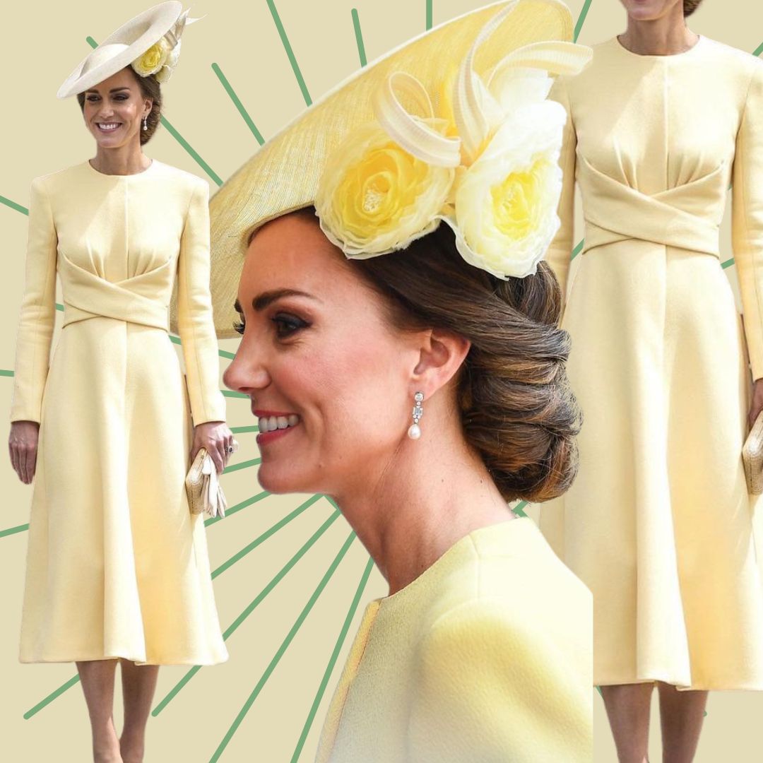 collage with three images of duchess of cambridge wearing a pastel yellow dress and a fascinator with yellow roses
