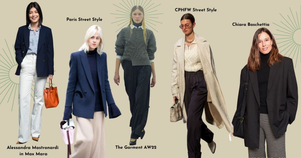 collage with models wearing suits and blazers- inspiration working woman wardrobe