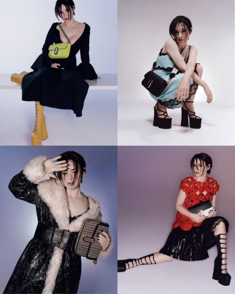 collage with four photos with winona rider starring Marc Jacobs bags AW 22-23 campaign