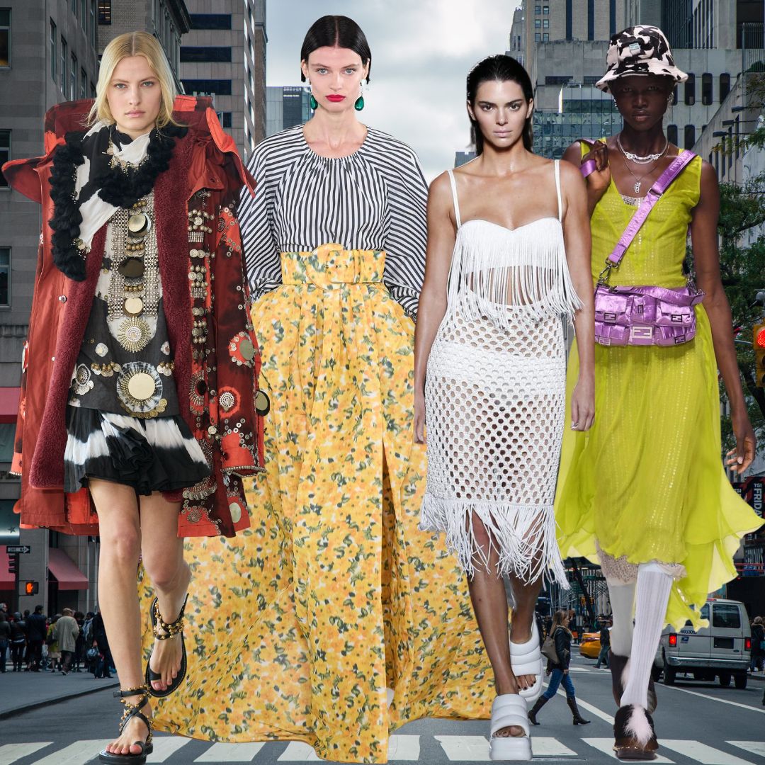 Collage with 4 models from Carolina Herrera, Fendi, Proenza Schouler and Altazurra showing looks from New York Fashion Week SS23