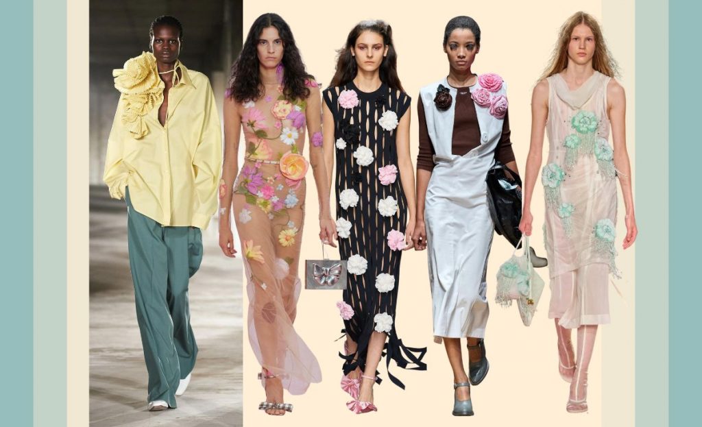 collage with runway SS23 looks showing floral 3D trend