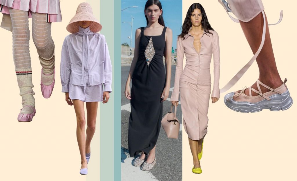 collage with runway SS23 looks showing ballerina trend