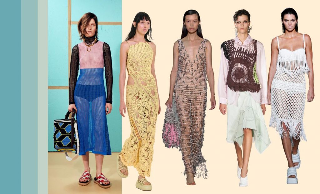 collage with runway SS23 looks showing crochet trend