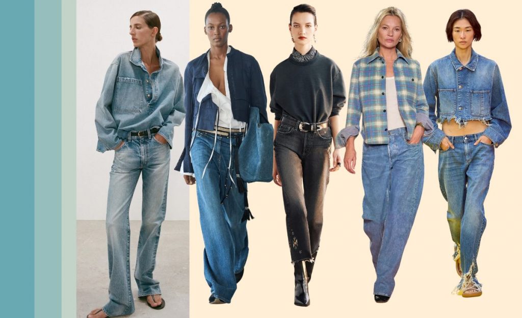 collage with runway SS23 looks showing denim trend