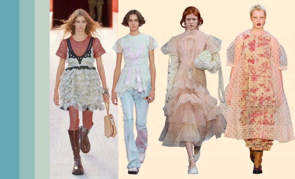 collage with runway SS23 looks showing frou frou trend