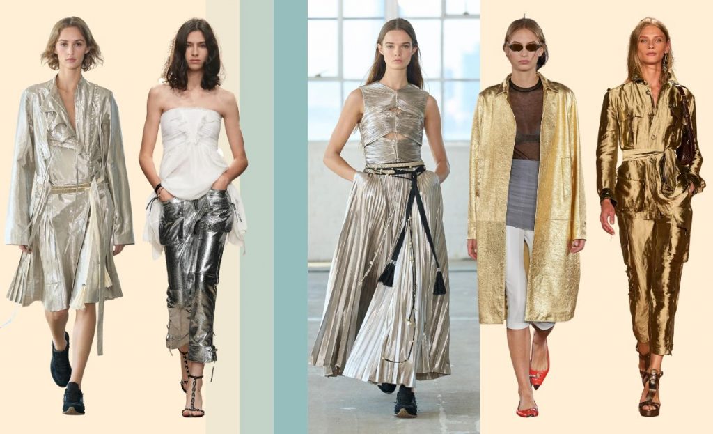 collage with runway SS23 looks showing metallic trend