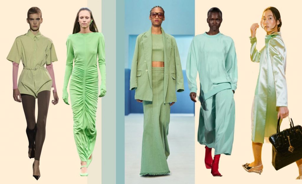 collage with runway SS23 looks showing lime trend