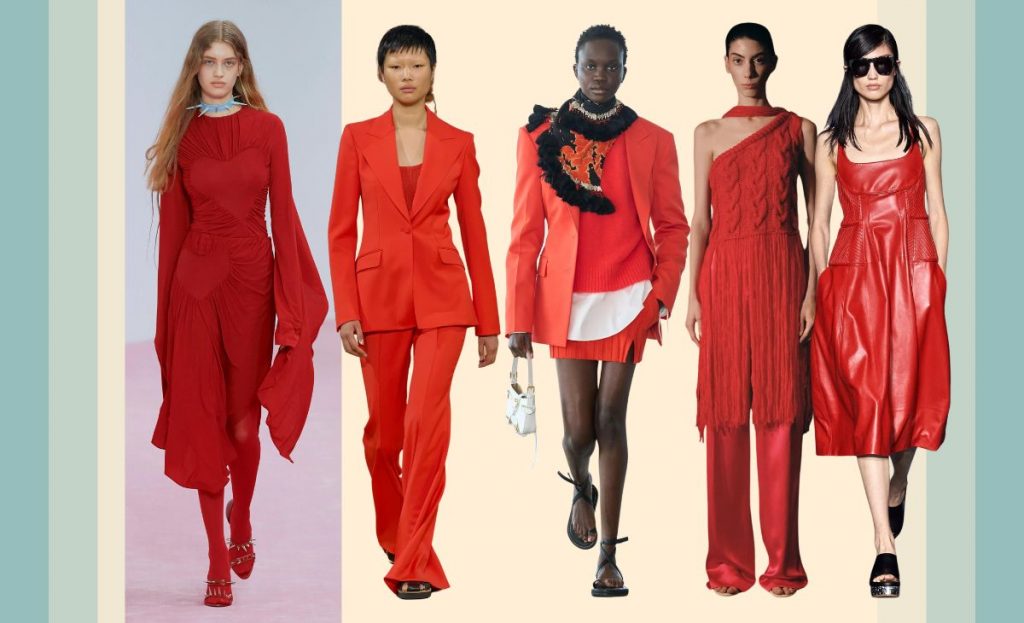 collage with runway SS23 looks showing red trend