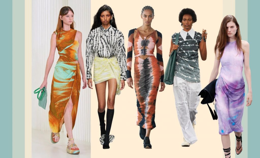 collage with runway SS23 looks showing tie dye trend
