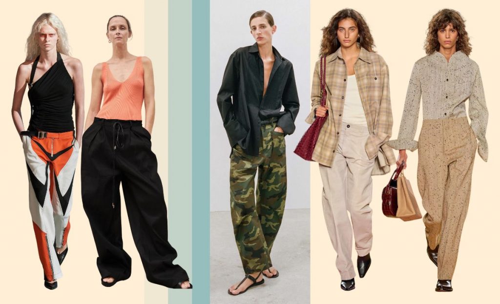 collage with runway SS23 looks showing trousers trend