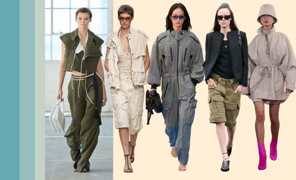 collage with runway SS23 looks showing utilitarian trend