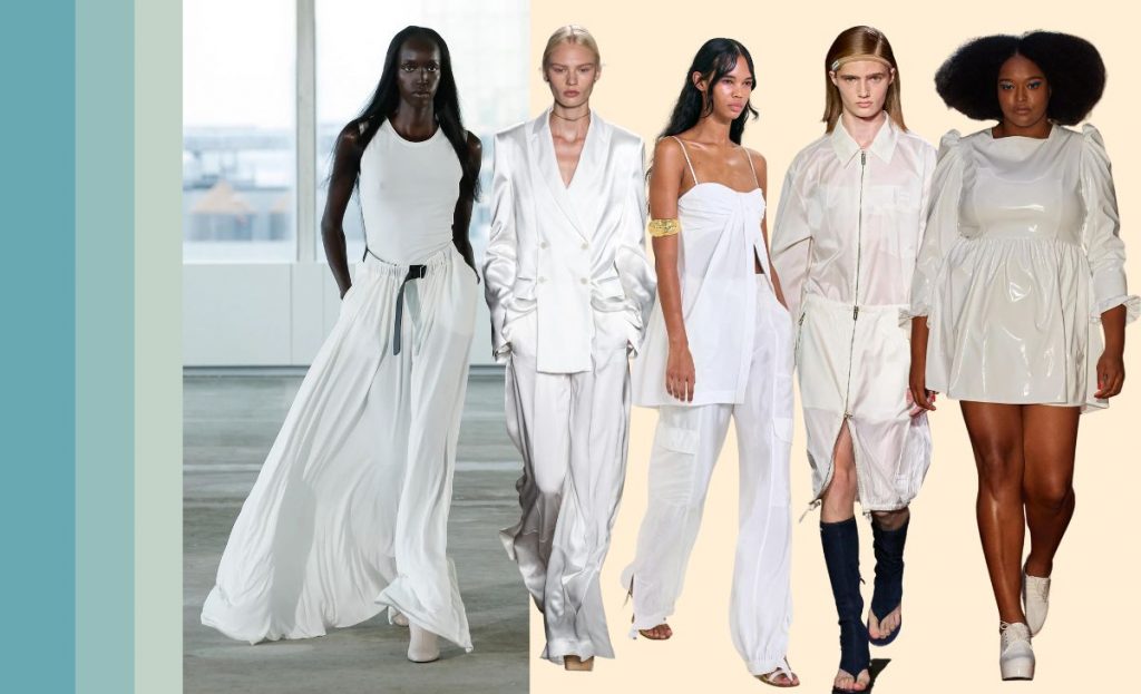 collage with runway SS23 looks showing white trend