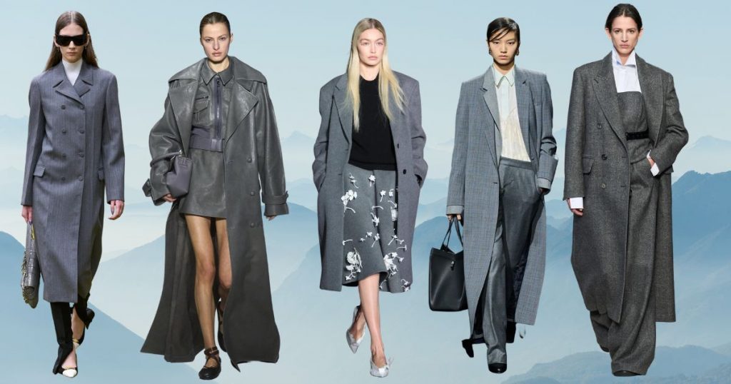 collage with grey looks of runways from Milan Fashion Week AW 23 