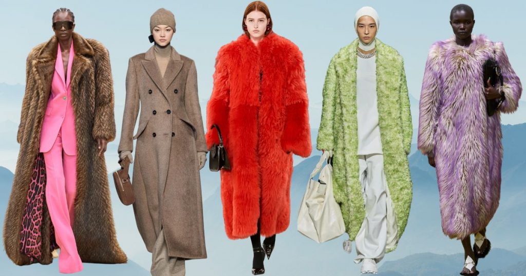 collage with maxi coats looks of runways from Milan Fashion Week AW 23 