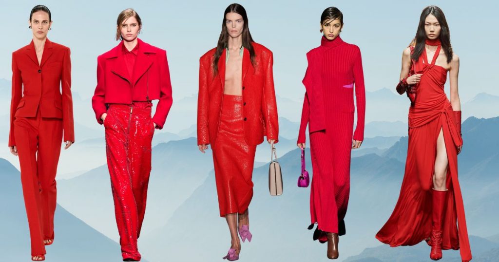 collage with red looks of runways from Milan Fashion Week AW 23 
