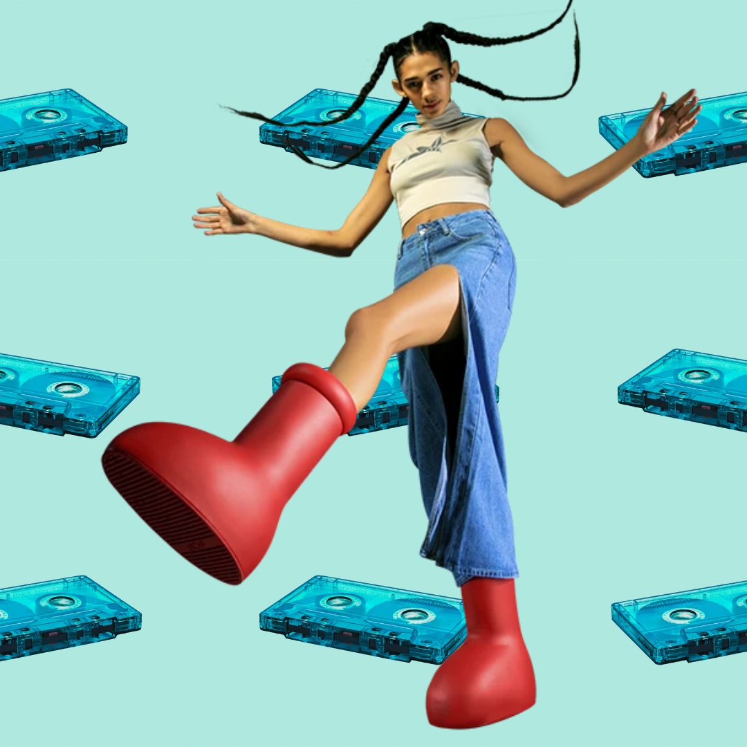 collage with a vintage image showing recording tapes and a model wearing the big red boots