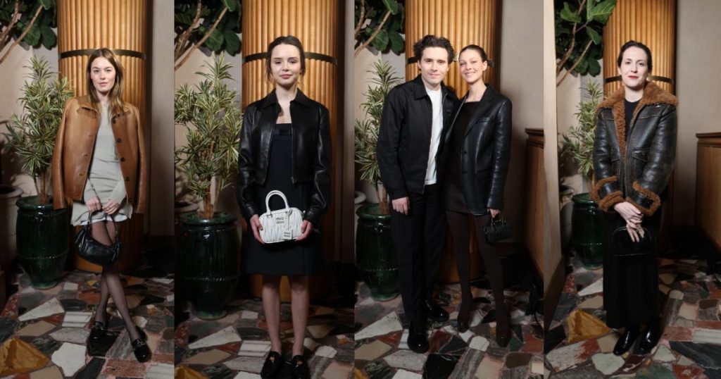 Camile Rowe, Mallory Wanecque, Nicola Peltz and Sara Moonves wearing leather jacket, the best transitioning piece into spring at Miu Miu AW23 after party at Gigi restaurant in Paris