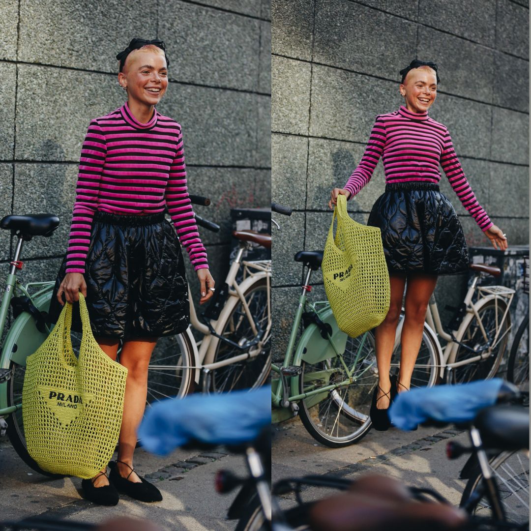 street style-copenhagen fashion week - fashionista wearing mini skirt black-ballerinas-prada woven bag - striped shirt