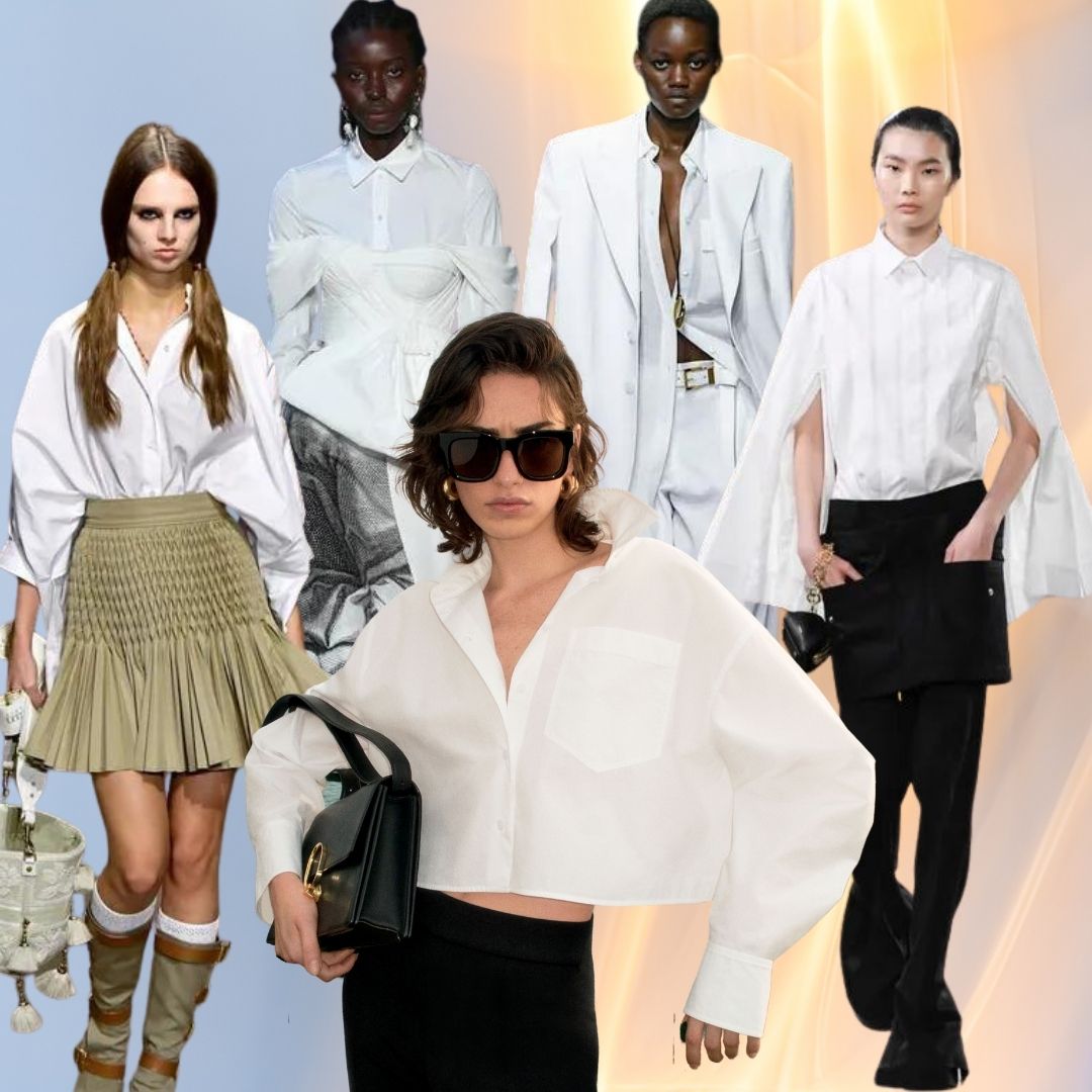 collage with models wearing white shirt for spring 2023-COS-Dior-Michael Kors-Erdem