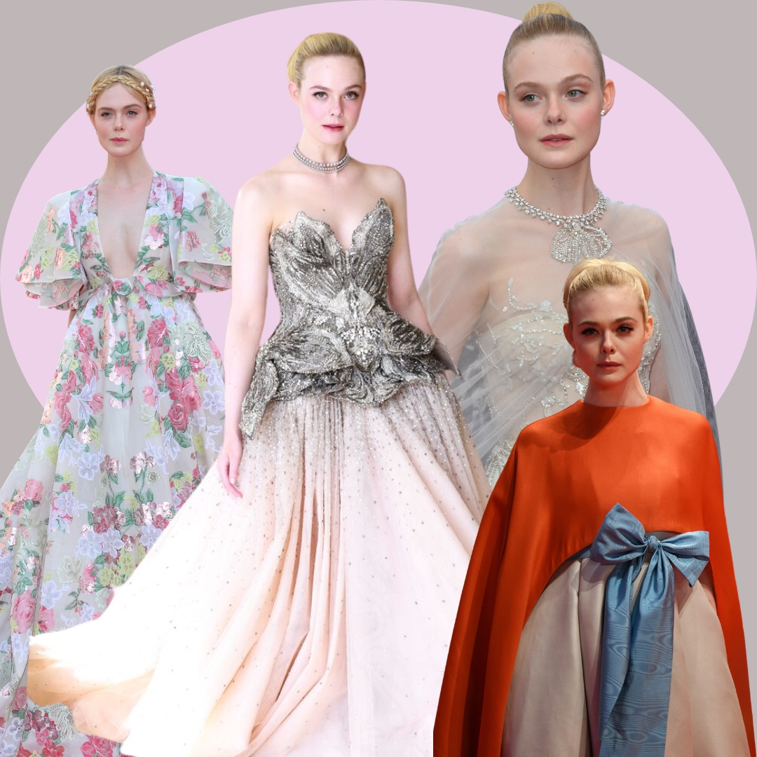 collage with Elle Fanning and her iconic looks at Cannes Festival