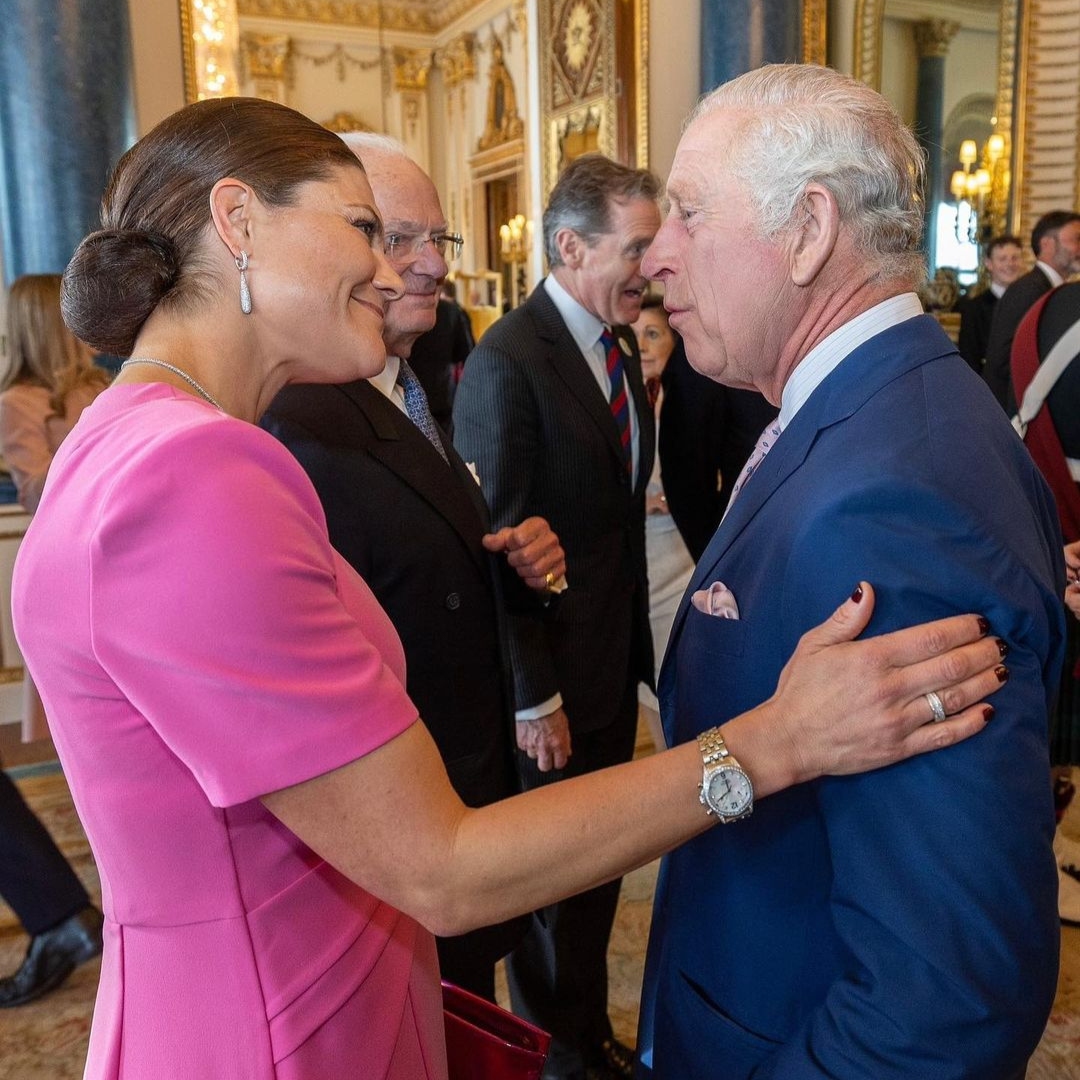 Crown Princess Victoria of Sweden greets King Charles III at Buckingham Palace