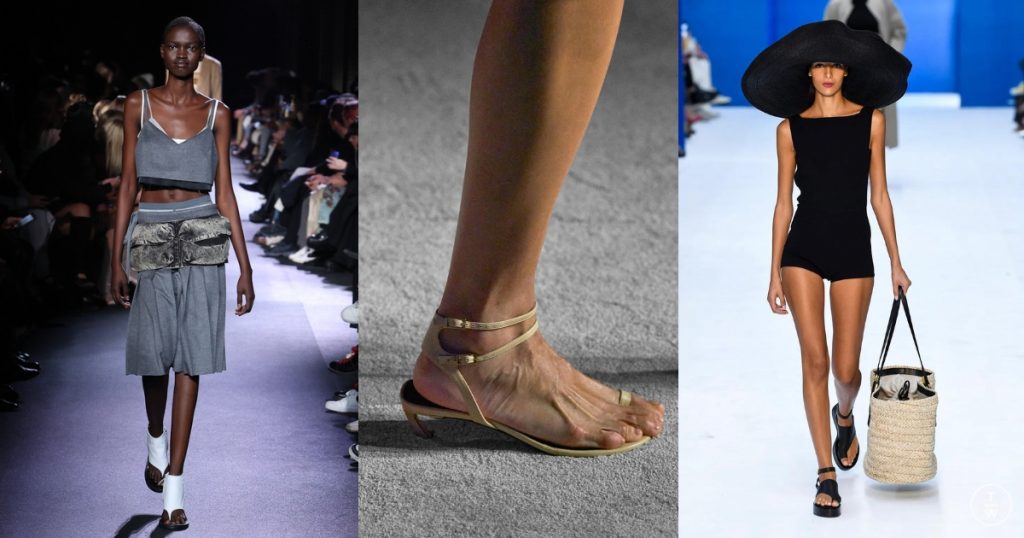 collage with 3 models from runway SS23 wearing toe sandals