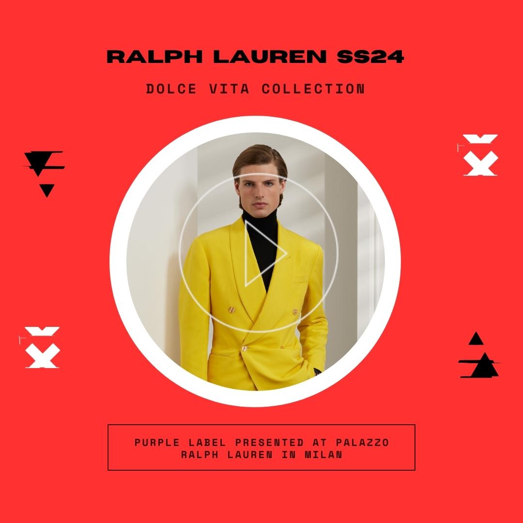 Graphic showing a male model wearing a yellow jacket, a black turtleneck from the Ralph Lauren SS24 menswear collection