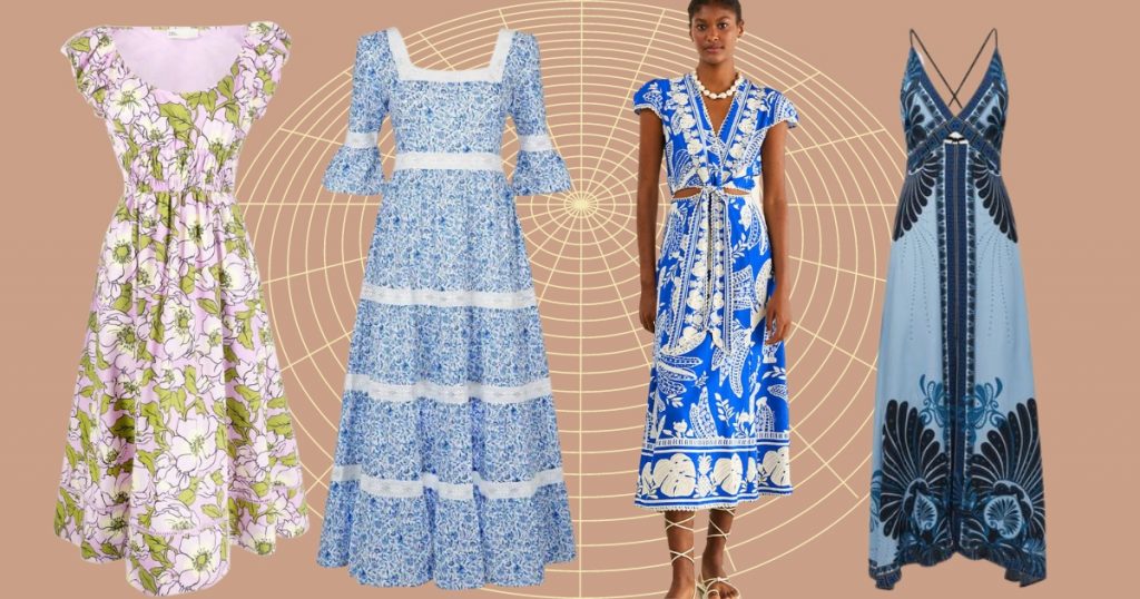 Collage featuring four floral dresses considered the most beautiful summer dresses