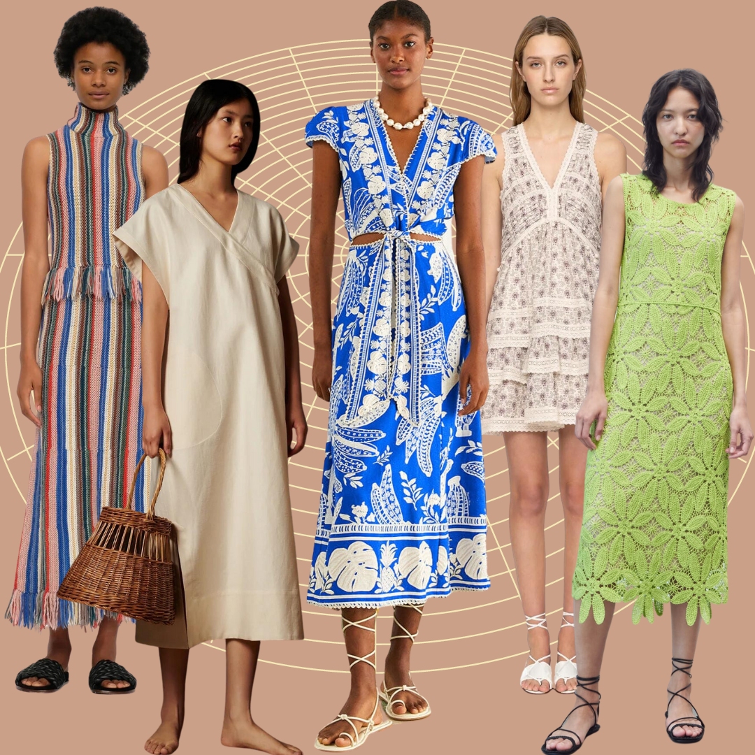 Collage featuring five dresses considered the most beautiful summer dresses