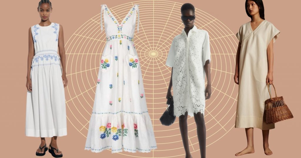 Collage featuring four white dresses considered the most beautiful summer dresses