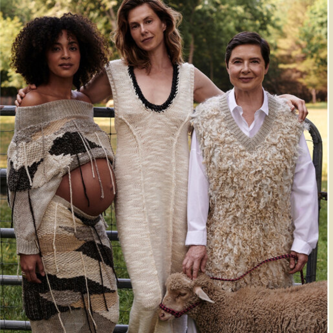 Designer Aisling Camps, Elettra Wiedemann and Isabella Rossellini wearing pieces from the fashion collaboration Aisling Camps and Mama Farm