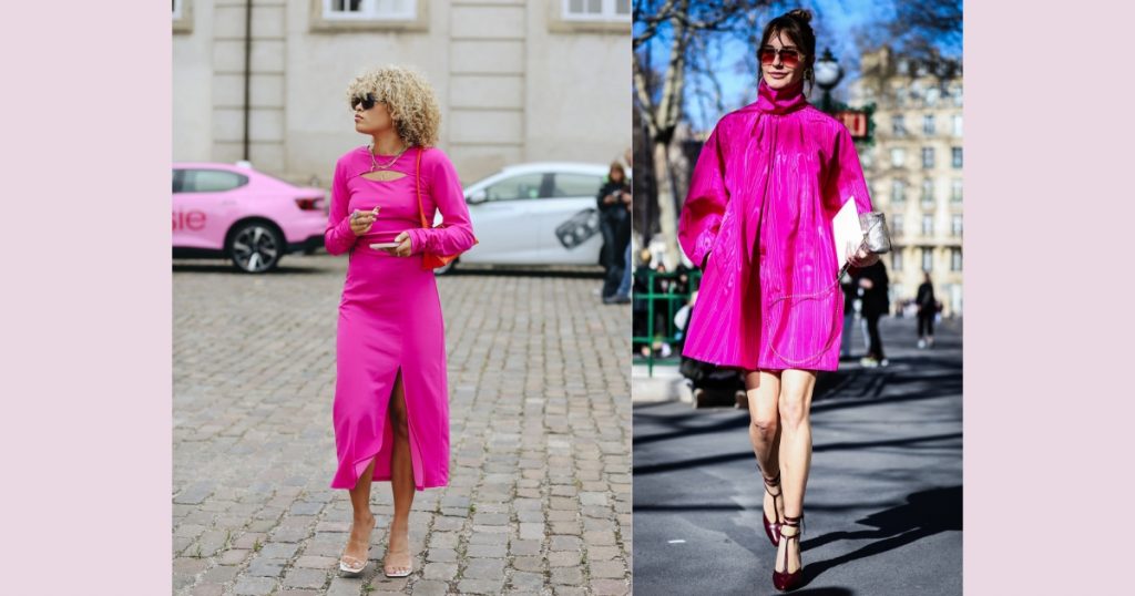 two fashionista wearing a pink dress in the streets of copenhagen and paris
